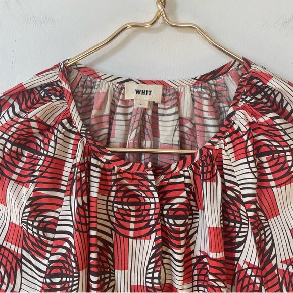 Whit Geo Print Balloon Sleeve Button Front Silk Blouse L - Picture 6 of 8